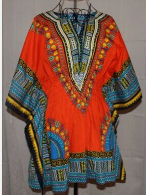 Vintage Mama & Papa African Dashiki Tunic Top Orange Angelina Print Shirt OSFM